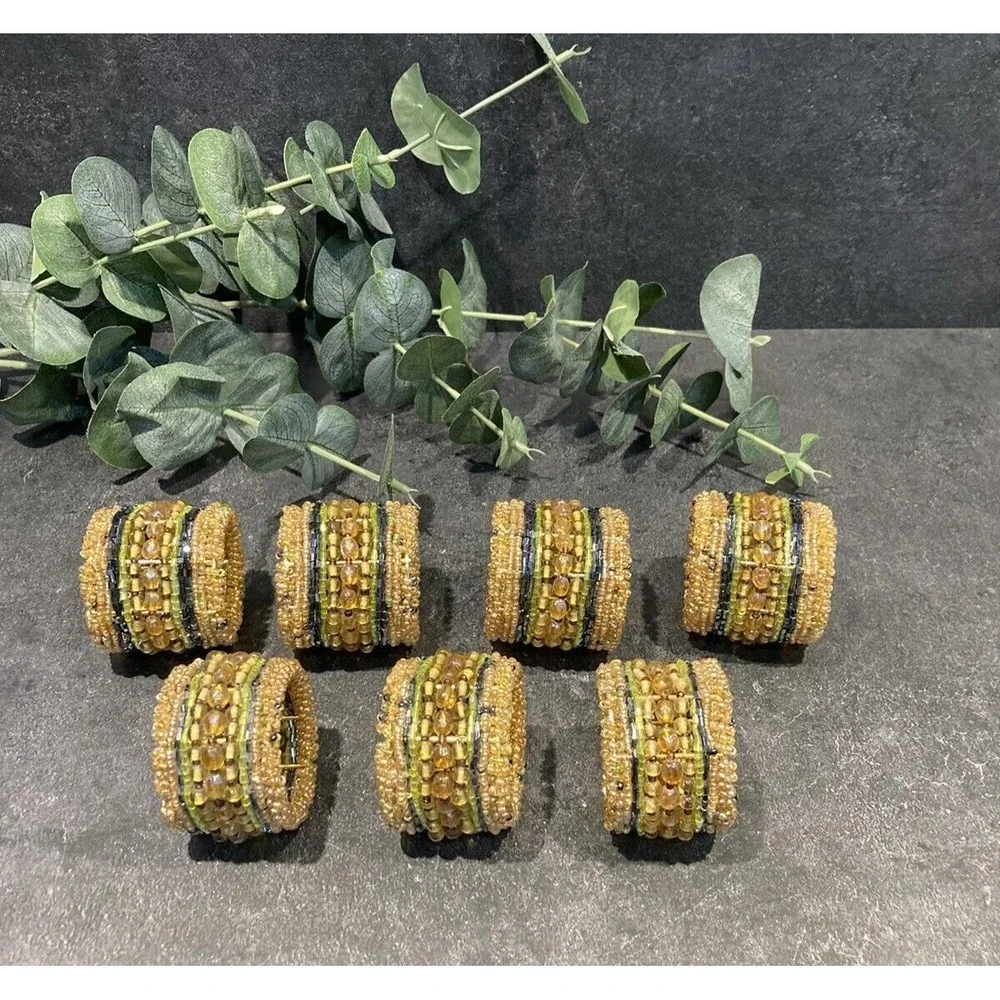 Vtg Beaded Napkin Rings Blue Green Brown/Gold-tone Boho Moroccan Fall Set of 7